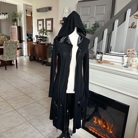 Sweaters - Long Hooded Jacket Goth Satin Lined Silver Zip Up Cardigan Pockets Flare Punk M